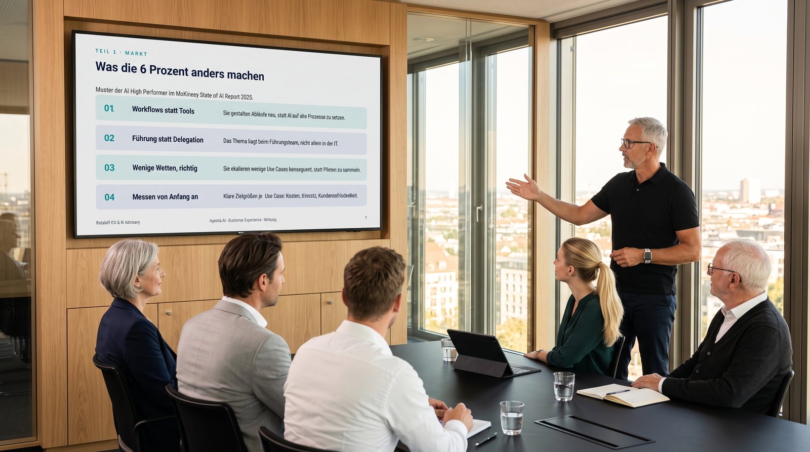 Carsten Ratzlaff im Boardroom mit einem Führungsteam, auf dem Screen: Was die AI High Performer anders machen